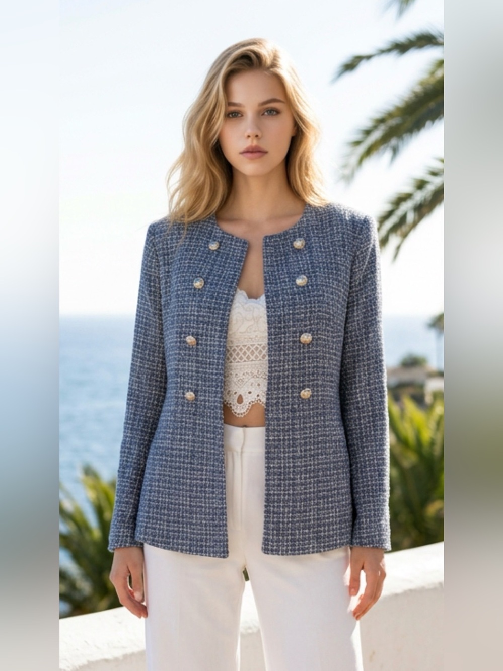 Zara Blue Tweed Double-Breasted Collarless Jacket